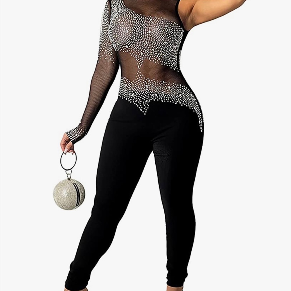 Jumpsuits 
One long Sleeve Sequins Mesh Straight Long Pant